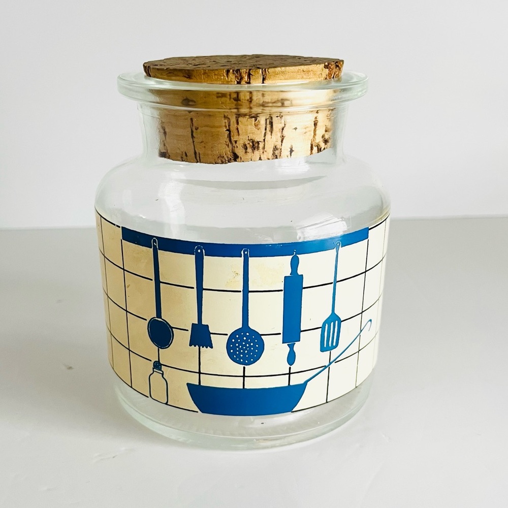 Vintage French Glass Kitchen Canisters w/ Cork Lids Retro Pantry Jars Set of 2 - Picture 6 of 10